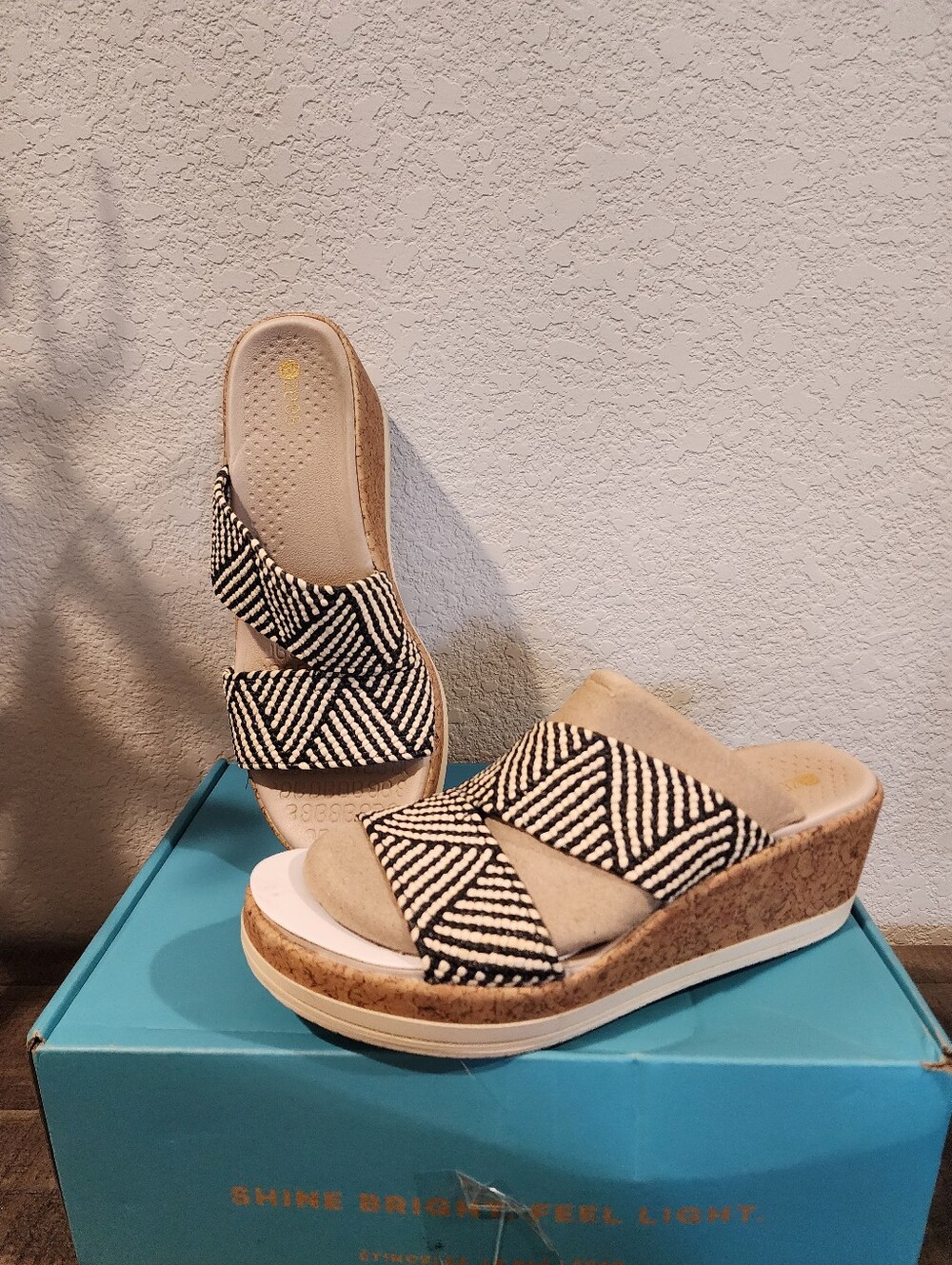 BZees - Women's Tan Cork Wedge Sandals with Black & White Straps